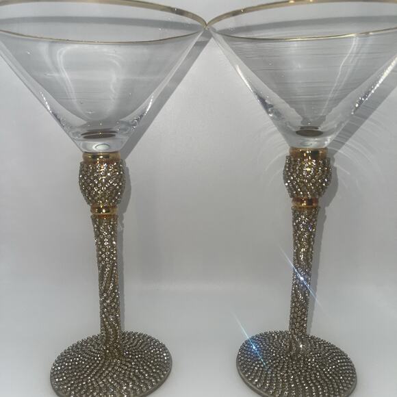 Set Of Gold 8-3/4" Martini Glasses Bing With Rhinestones - Picture 1 of 6